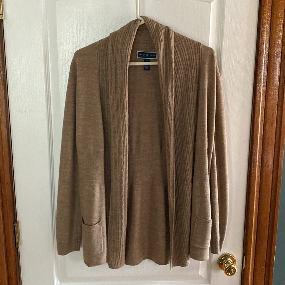 Karen Scott open cardigan with pockets, light brown/tan medium, GUC